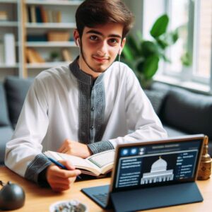 An adult attending an online Quran learning session from home