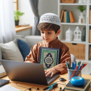 A child engaged in an online Quran class on a laptop.