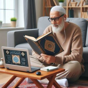 An adult attending an online Quran learning session from home