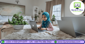 Happy Muslim child learning Quran at home using a laptop