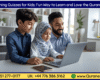 Kids learning Quran online on a laptop with a teacher in a modern Islamic classroom