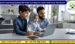 Kids learning Quran online on a laptop with a teacher in a modern Islamic classroom