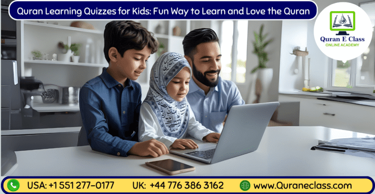 Kids learning Quran online on a laptop with a teacher in a modern Islamic classroom